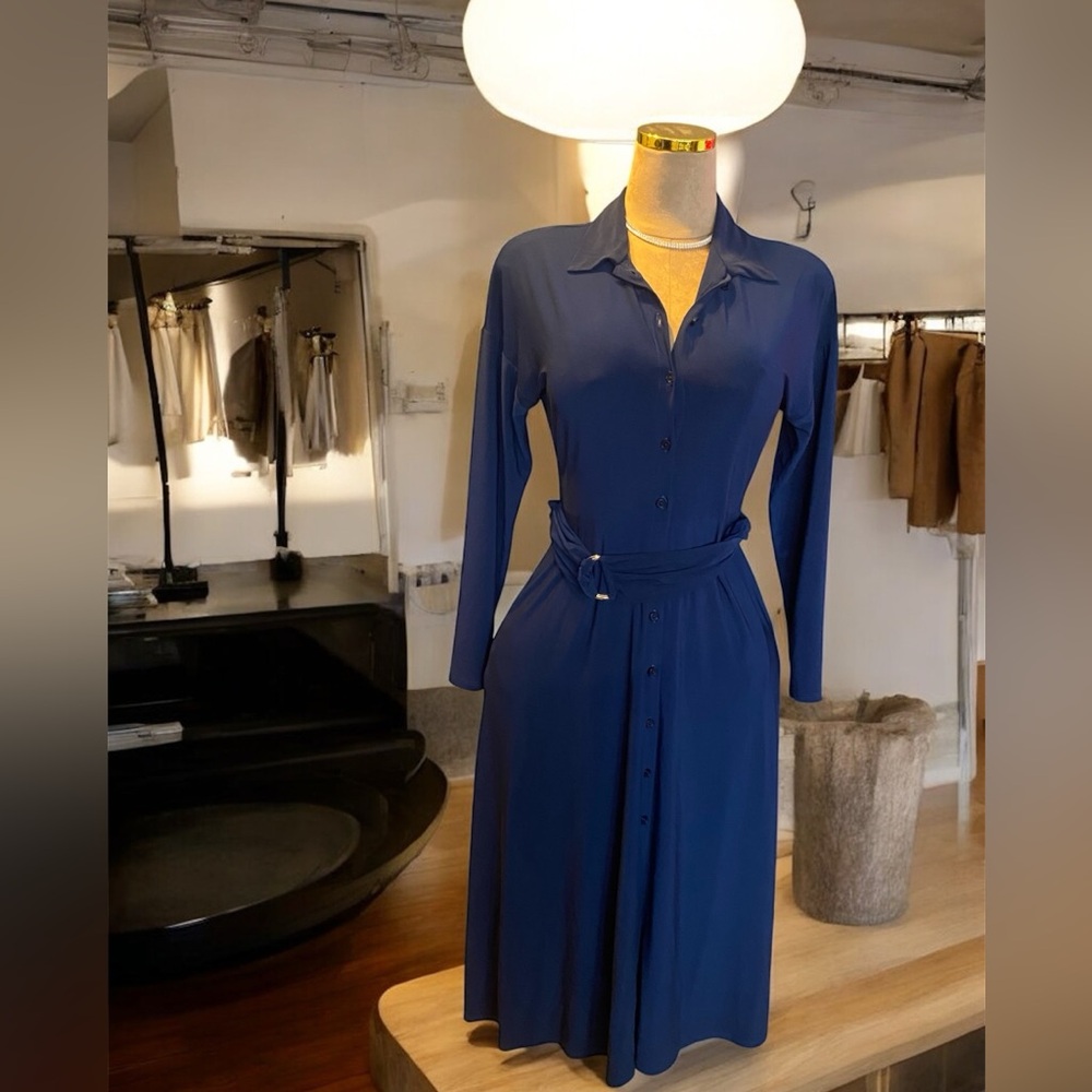 SOLD- Elegant Navy Blue Button-Down Dress - Picture 3 of 4